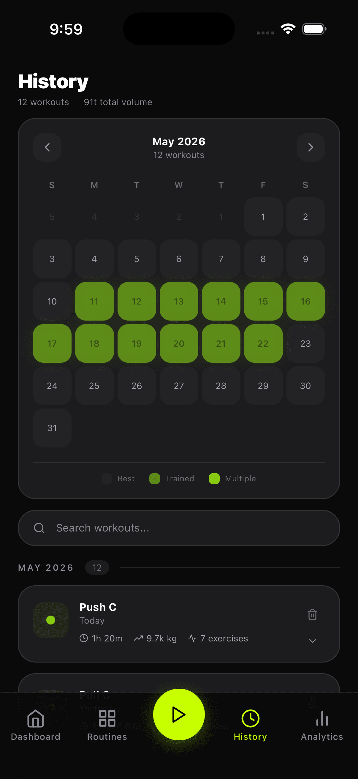 Overload History calendar with every trained day highlighted in lime — twelve consecutive days in May 2026.