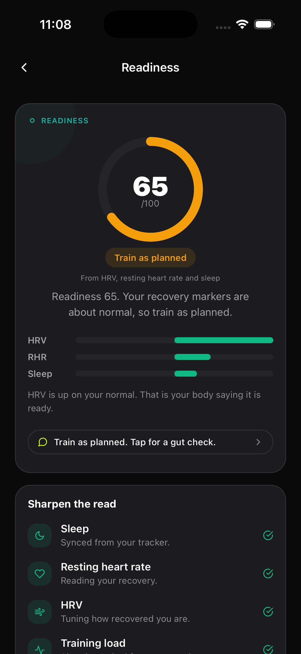 Readiness 65 out of 100, train as planned, built from HRV, resting heart rate and sleep